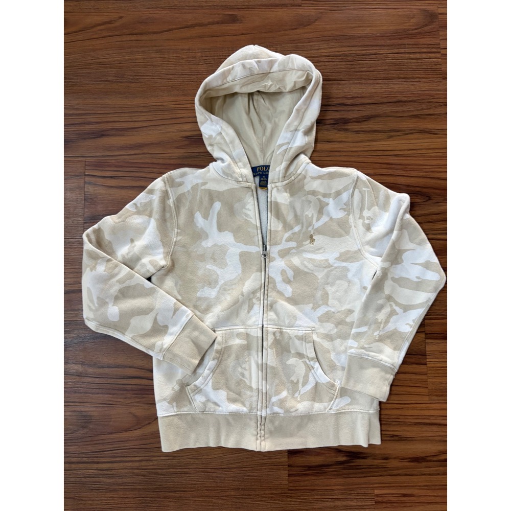 Polo Ralph Lauren Boys Tan White Camo Full Zip Hoodie Sweatshirt M 10-12